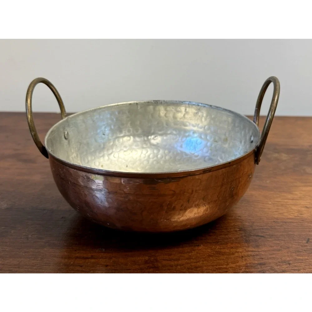 Vintage Hammered Copper Bowl Pot Tin Lined Brass Handles 6